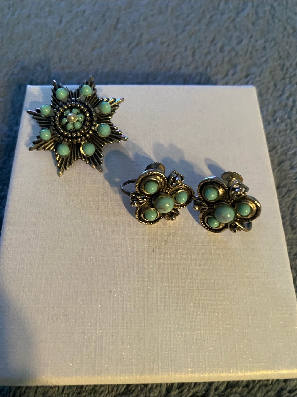 Vintage Turquoise Floral Star Brooch and Clip Earrings Set